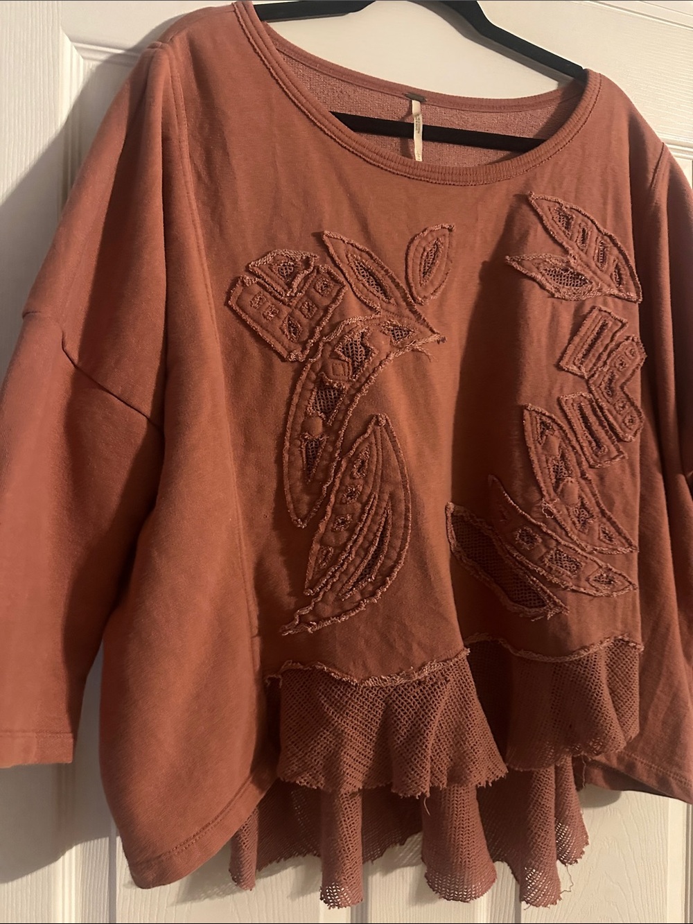 Free People Rust Embroidered Ruffle-Hem Pullover - Picture 2 of 5